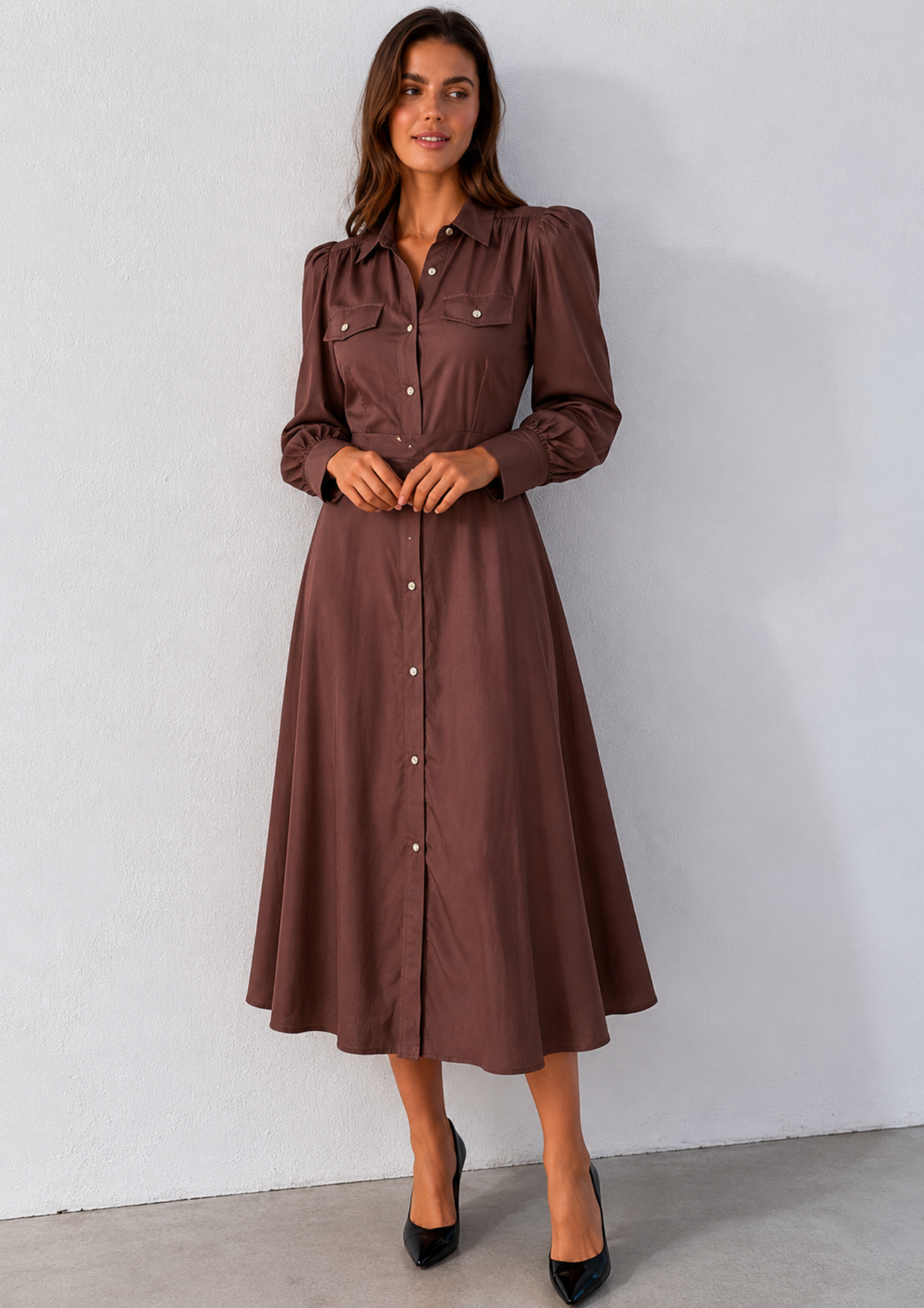Cotton/Linen Long Sleeve Button Through Midi Dress