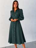 Cotton/Linen Long Sleeve Button Through Midi Dress