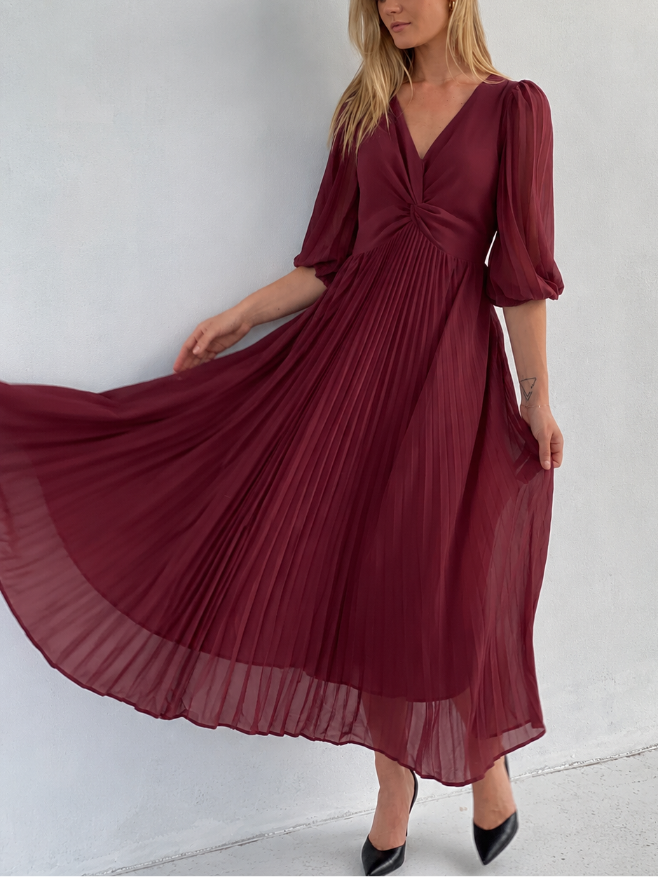 Wine Pleated Twist Front Midi Dress