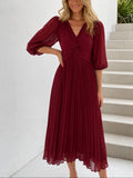 Wine Pleated Twist Front Midi Dress