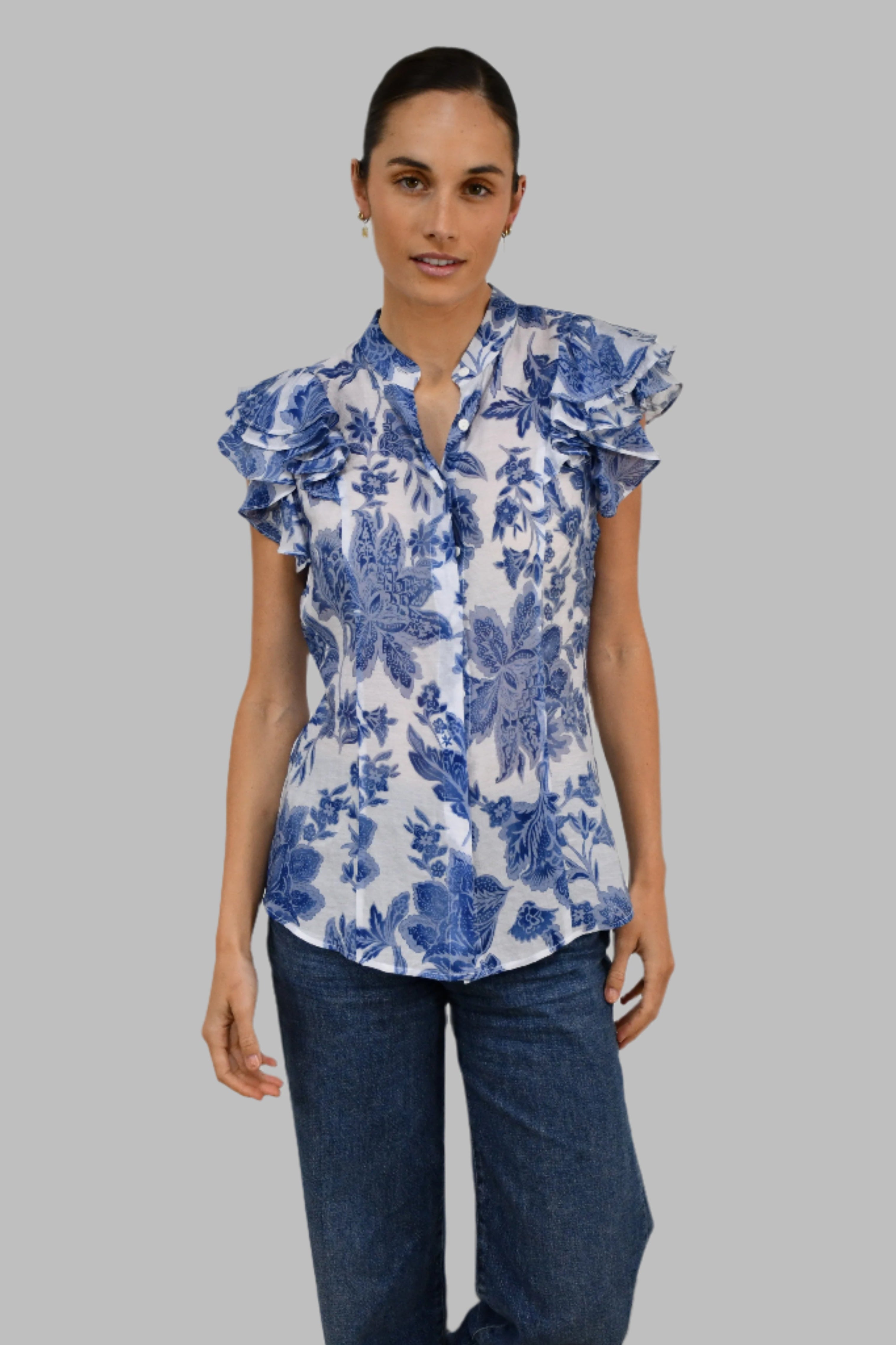 Lightweight Floral Blouse with Ruffled Sleeves - Blue