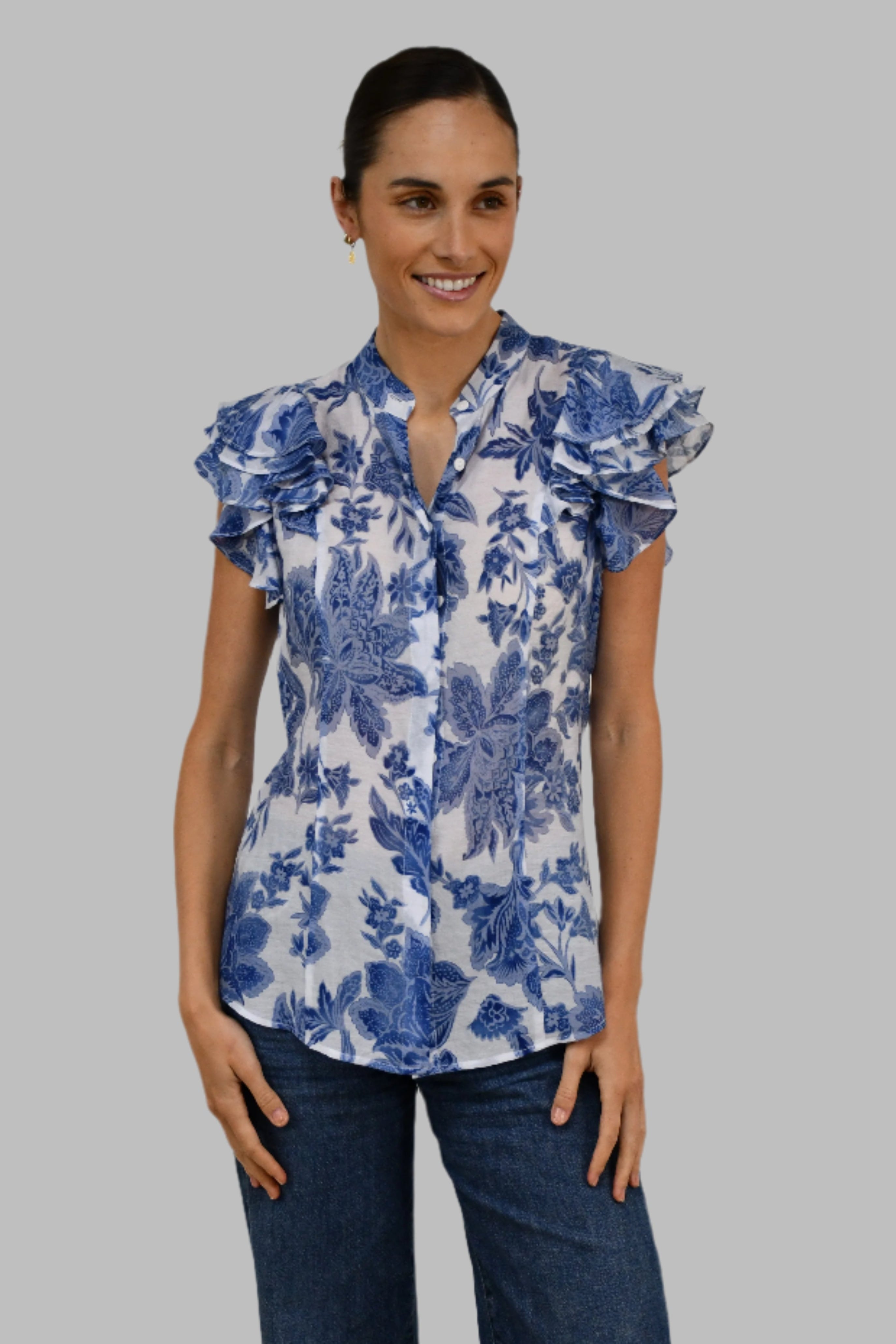 Lightweight Floral Blouse with Ruffled Sleeves - Blue
