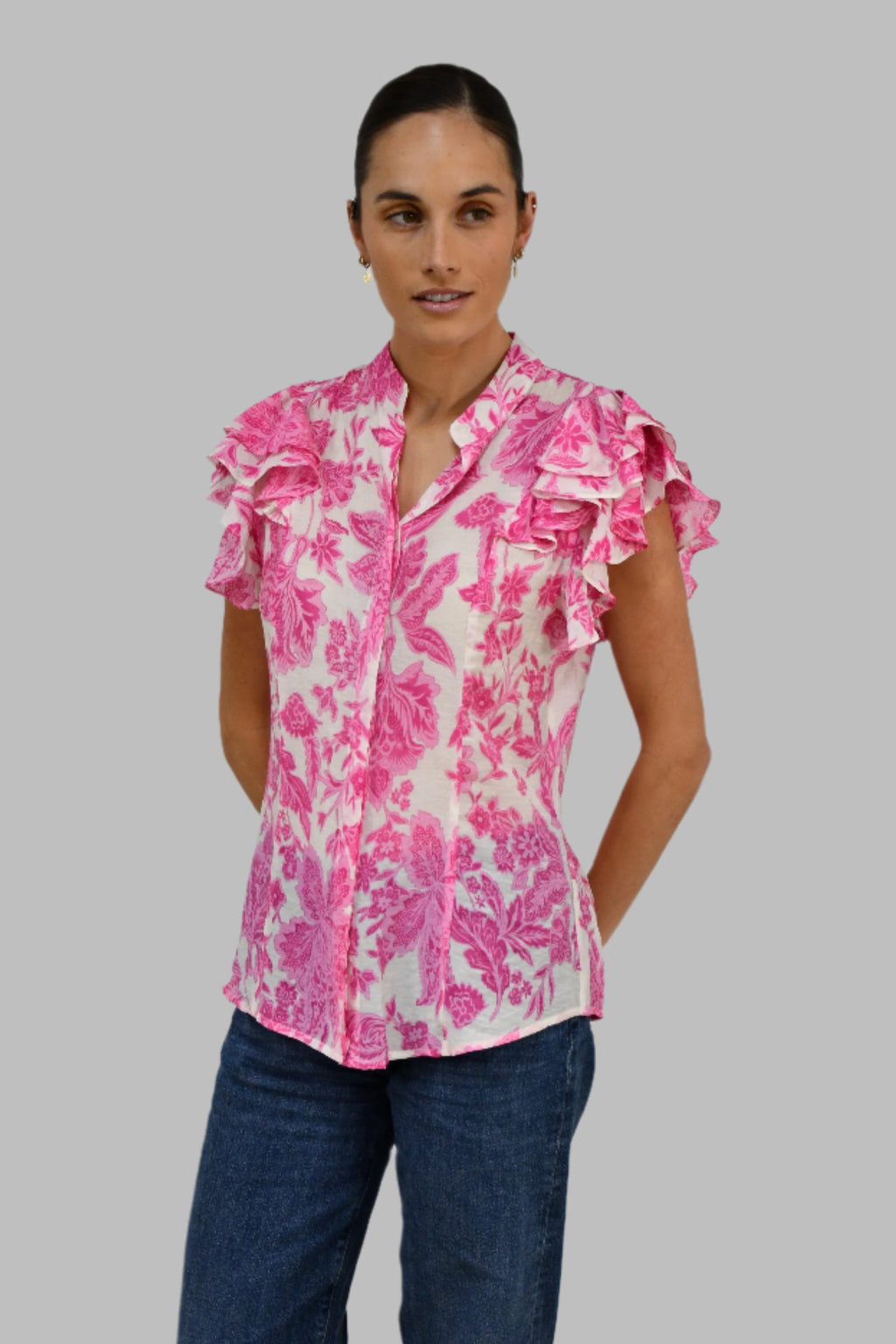 Lightweight Floral Blouse with Ruffled Sleeves - Pink