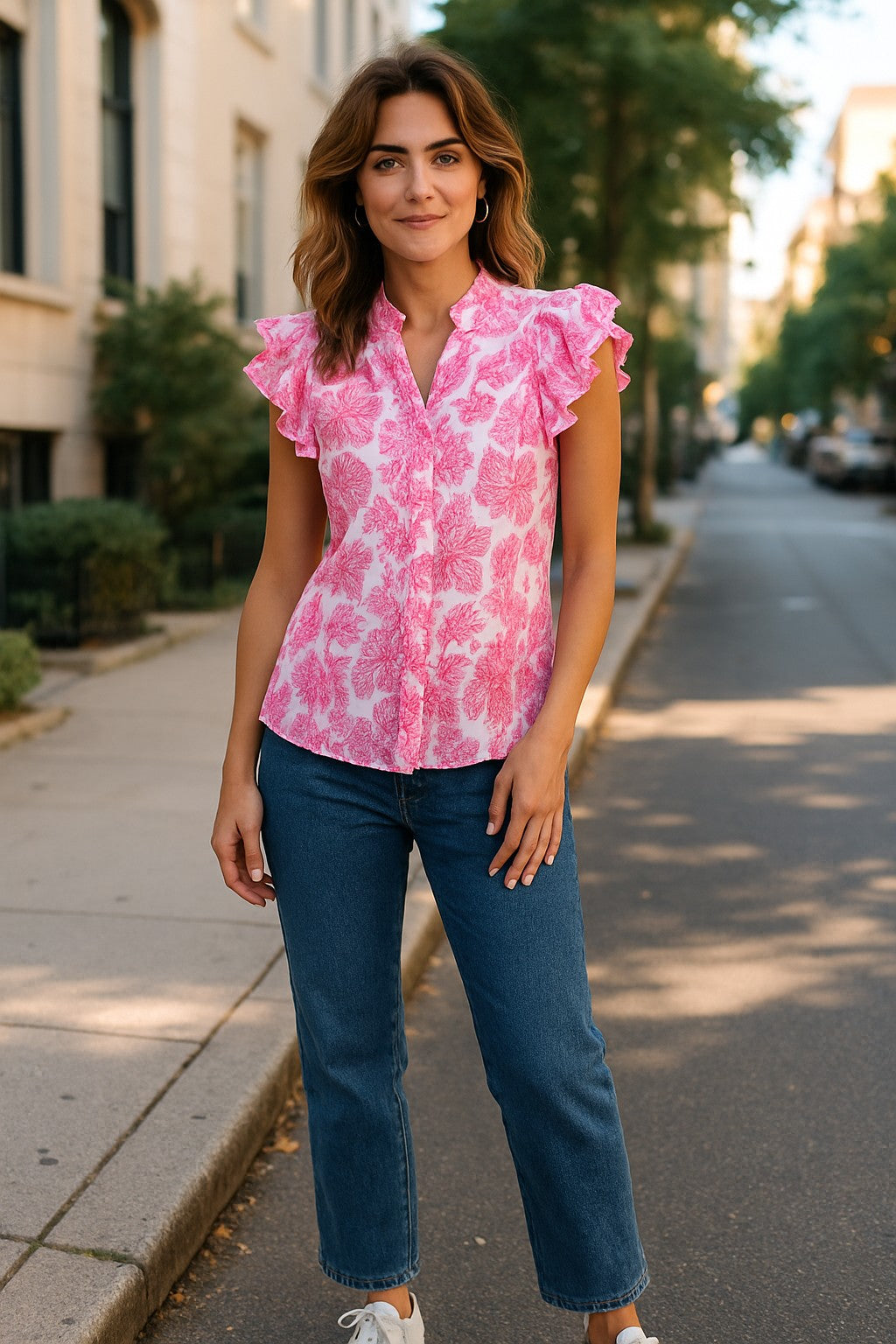 Lightweight Floral Blouse with Ruffled Sleeves - Pink