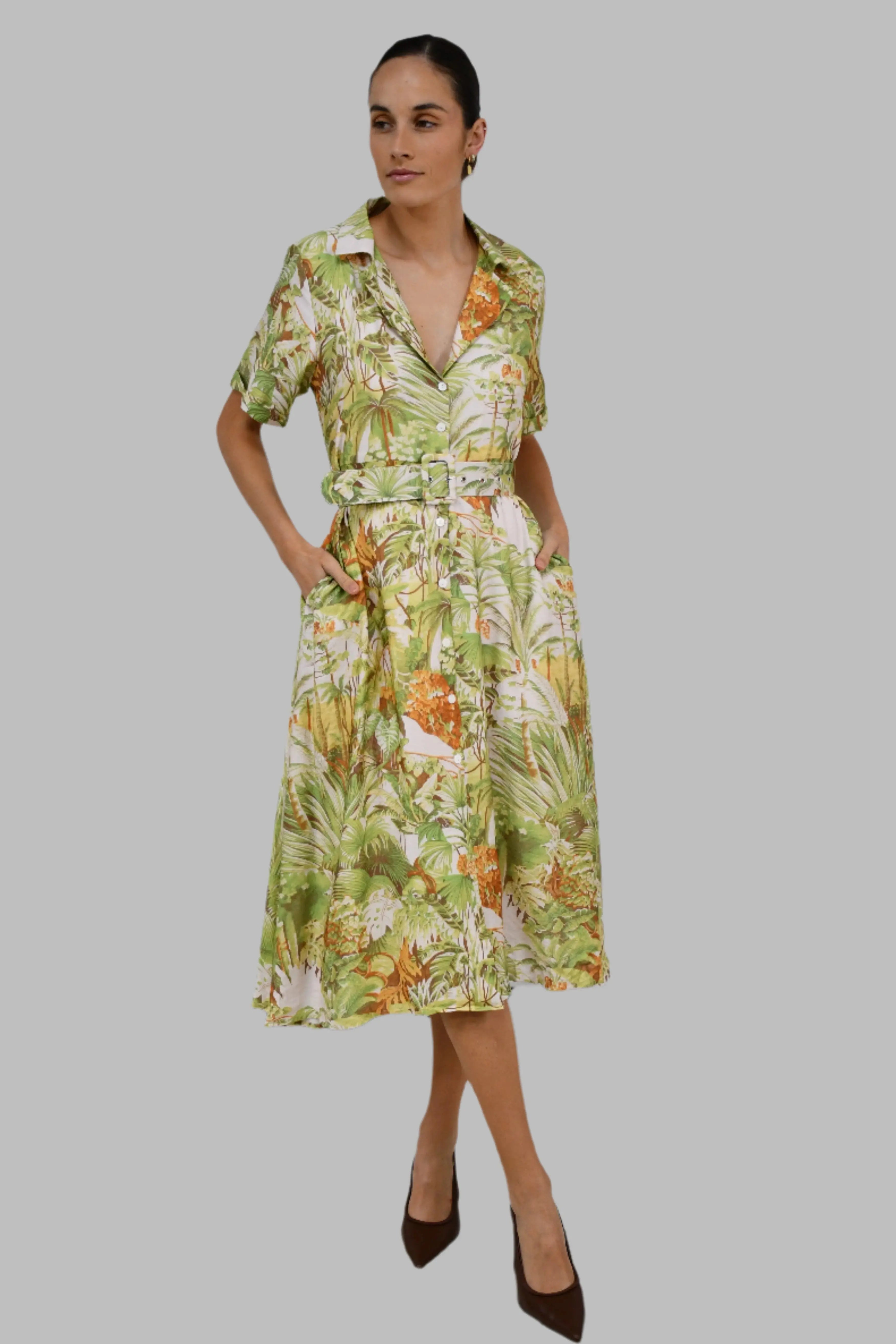 Tropical Print Belted Shirt Dress Jess The Molly