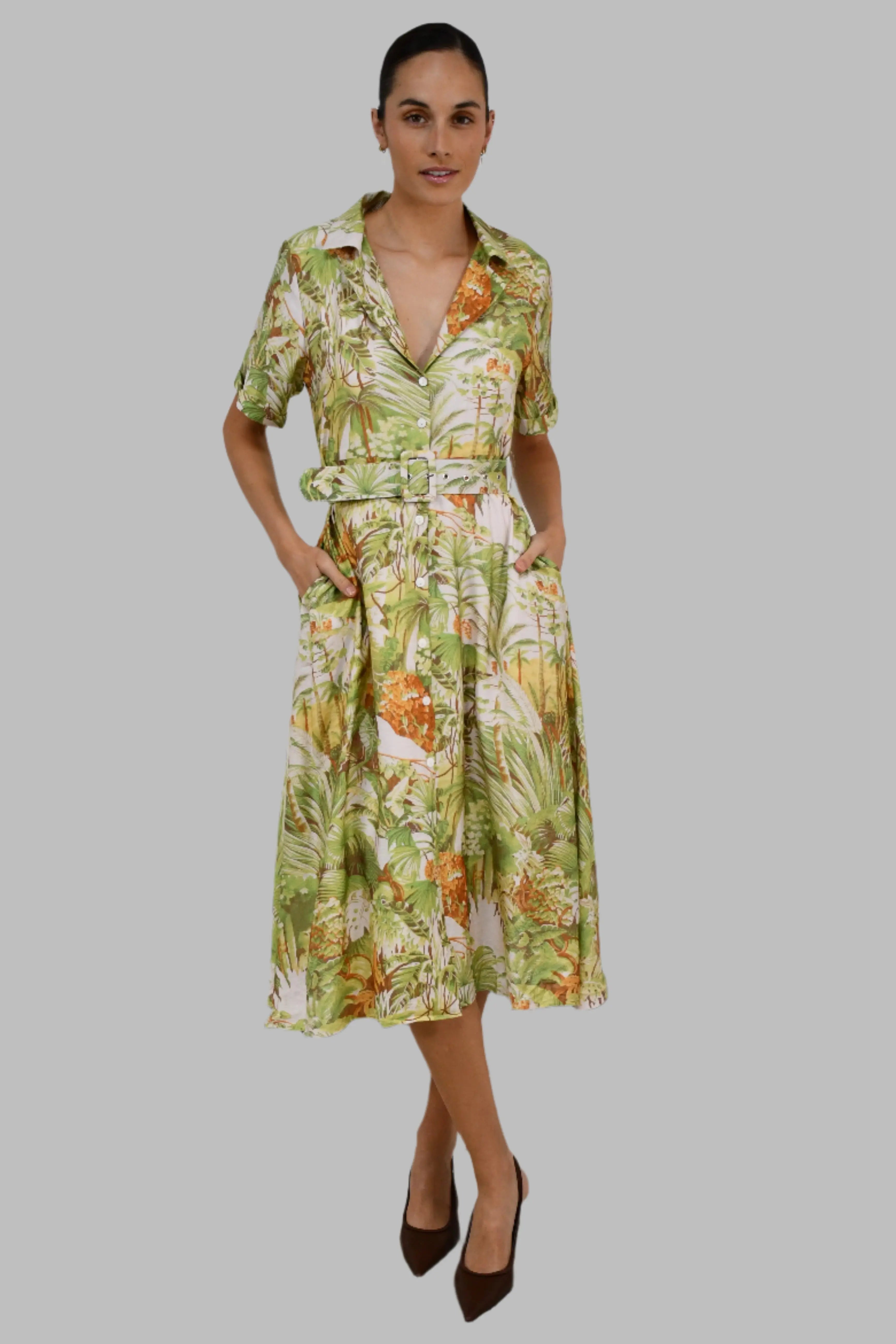 Tropical Print Belted Shirt Dress Jess The Molly