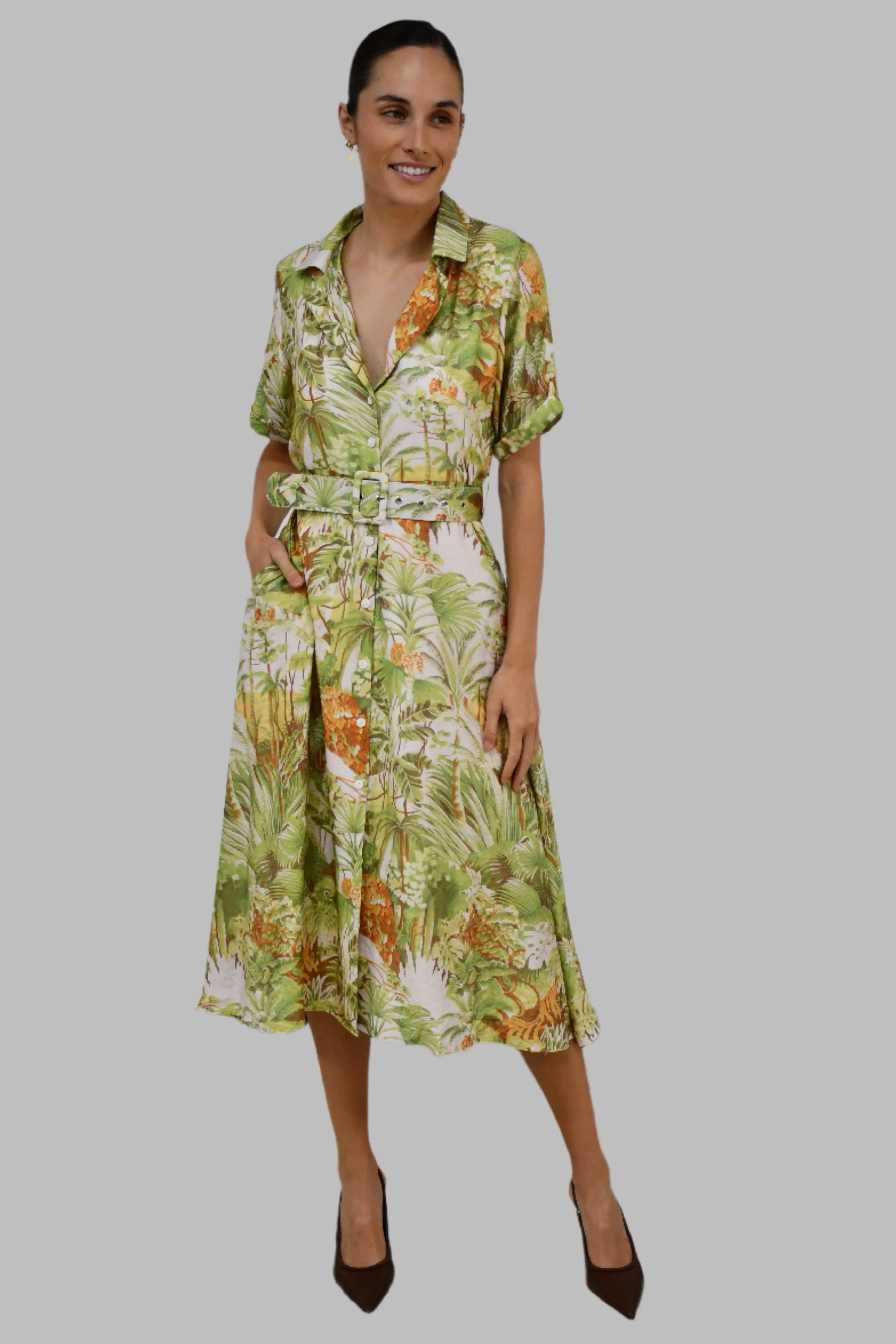Tropical Print Belted Shirt Dress Jess The Molly