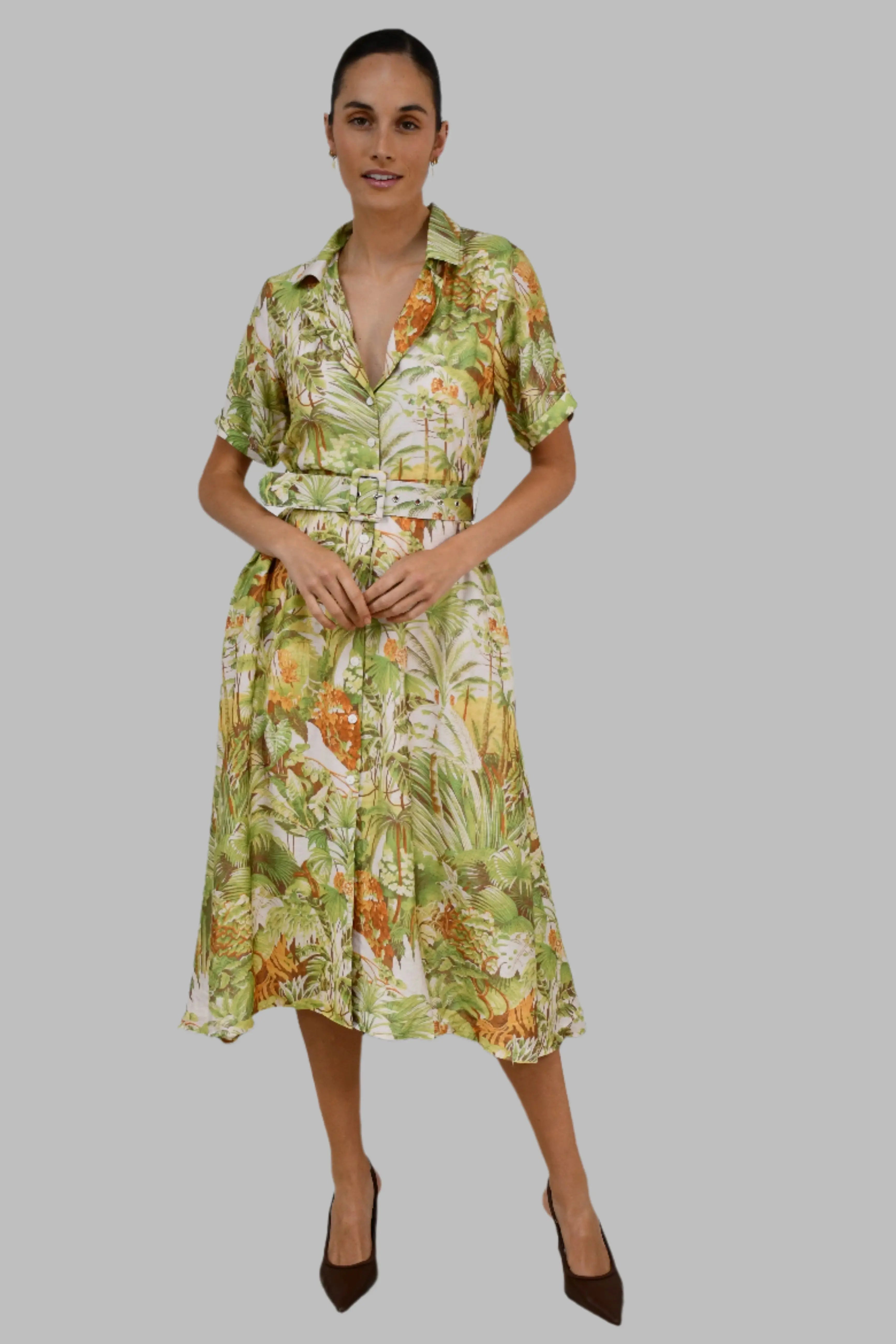 Tropical Print Belted Shirt Dress Jess The Molly
